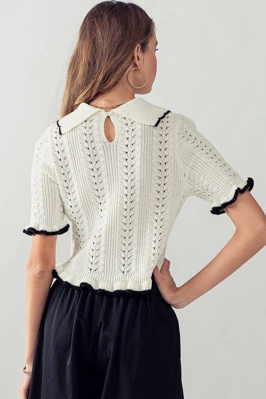OFF WHITE:CROCHET KNIT SHORT SLEEVE TOP