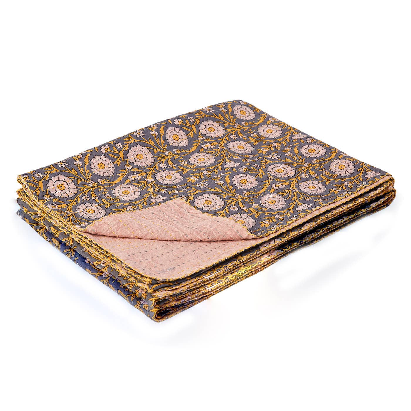 50" X 70" Gray And Yellow Floral Cotton Quilted Kantha Throw