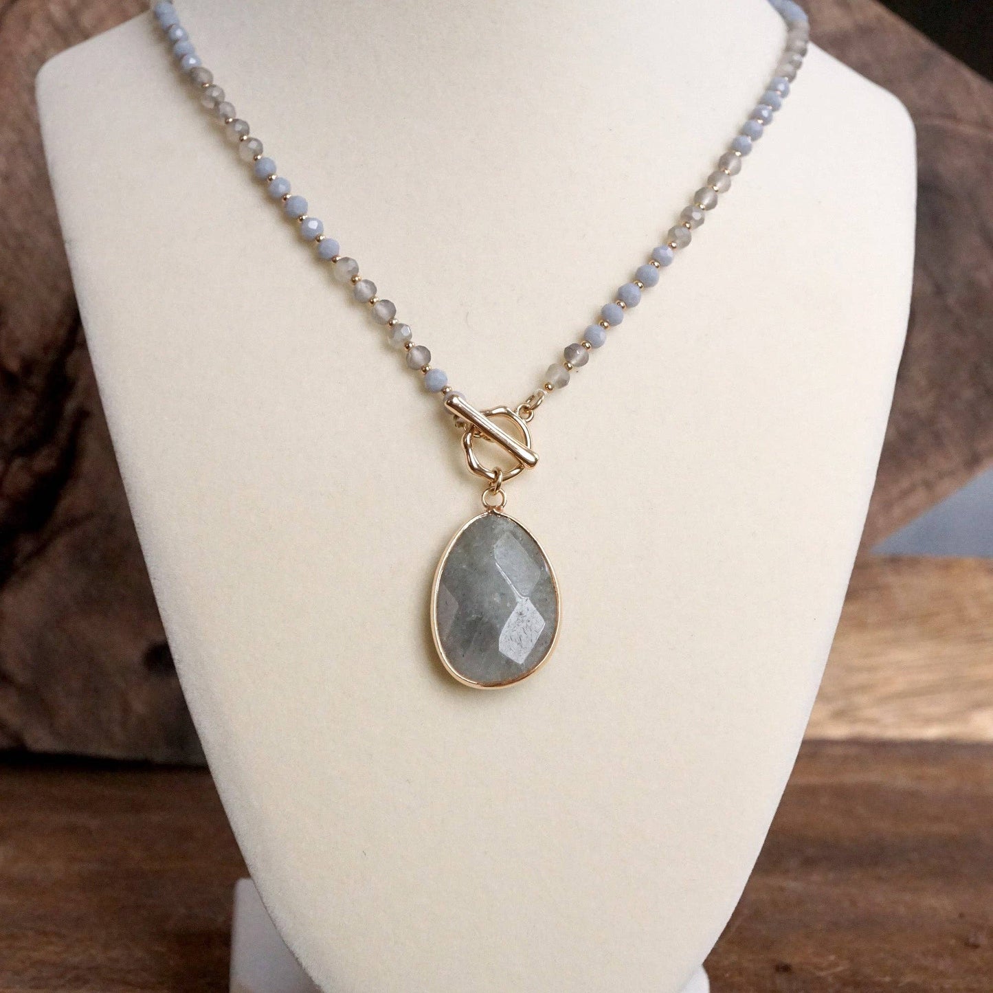 Short Beaded Necklace with Semi-Precious Teardrop Stone Pendant: Neutrals