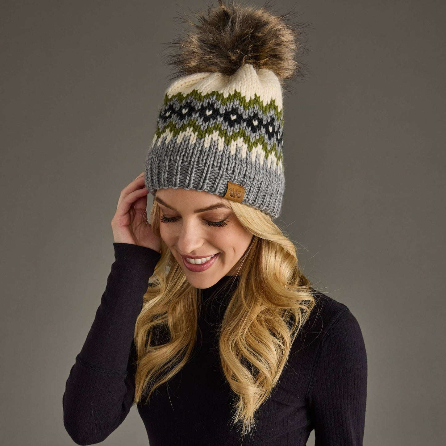 Cream, Green, Black & Gray Patterned Pom Hat