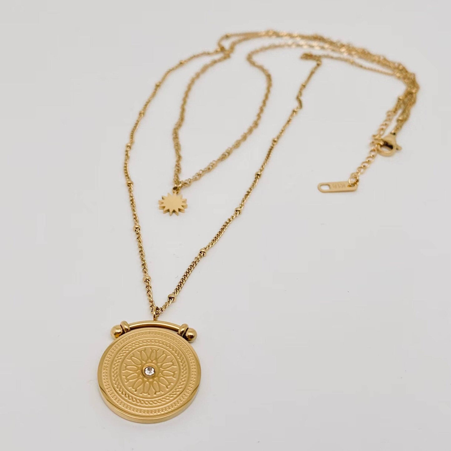Sun Compass Stainless Steel Charm Double Layer Necklace -FGS
