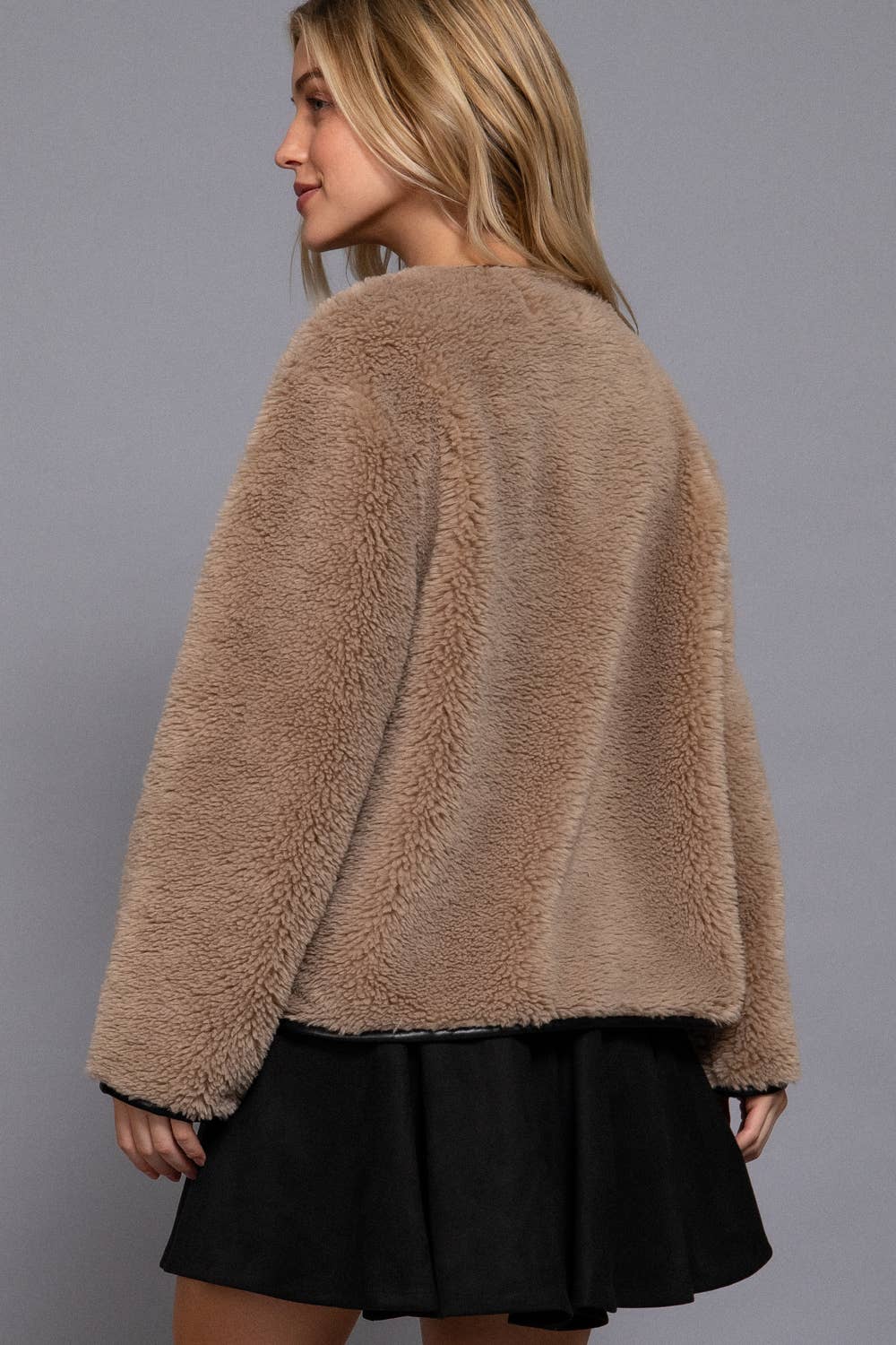 L-Long Sleeve Crew Neck with Toggle Look Button Fluffy Jacket: TPE-taupe