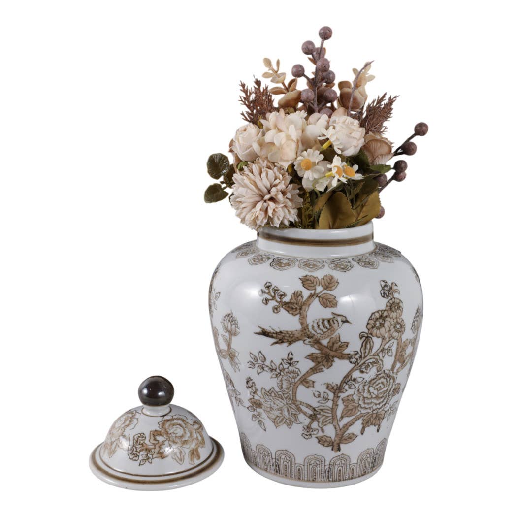 Decorative Jar - Brown/White Ceramic Chinoiserie Bird, 12 in