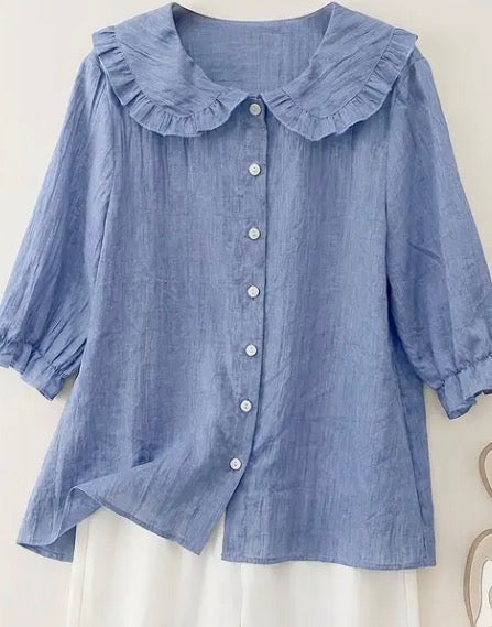Blue Ruffle Collar Button-Up Blouse