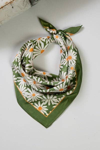 FLOWER SILKY FEEL BANDANA SCARF |  GREEN