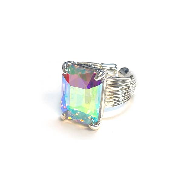 Square Glass Cushion Cut Cocktail Adjustable Wire Ring: GREEN-AB