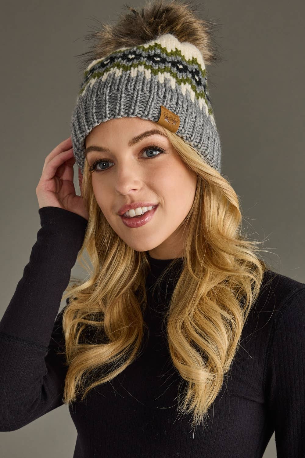 Cream, Green, Black & Gray Patterned Pom Hat