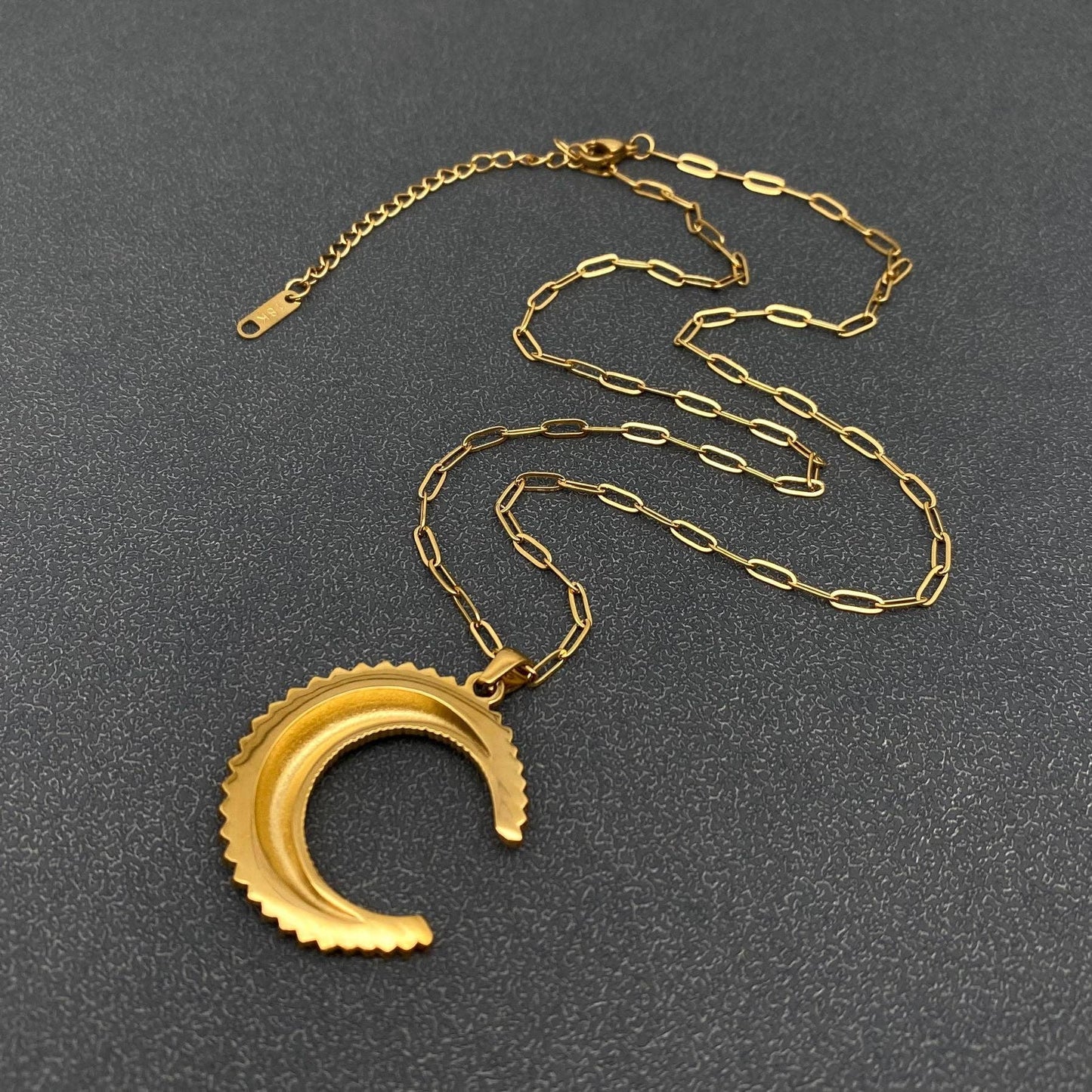 Inlaid CZ Crescent Moon 18K Golden SS Necklace - FGS/MS