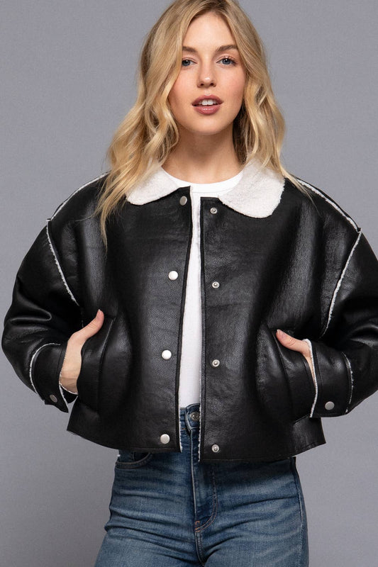 Long Sleeve Faux Leather Inner Fur Jacket: BLK-black / S