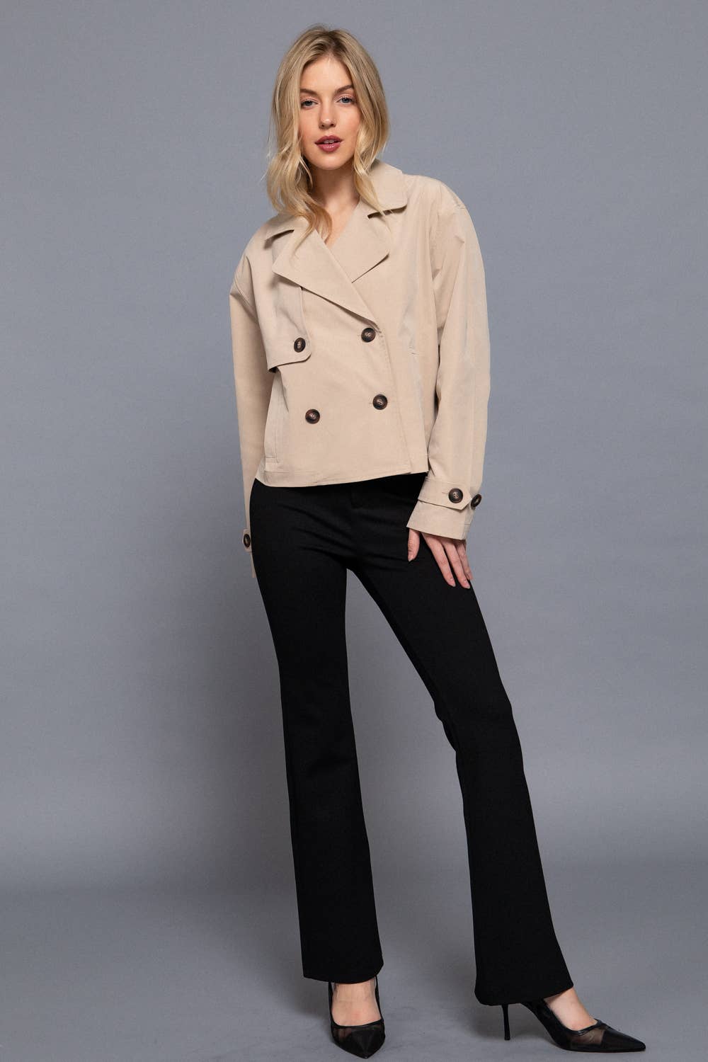 Long Sleeve Front Double Breasted Short Trench Jacket: BLK-black / L