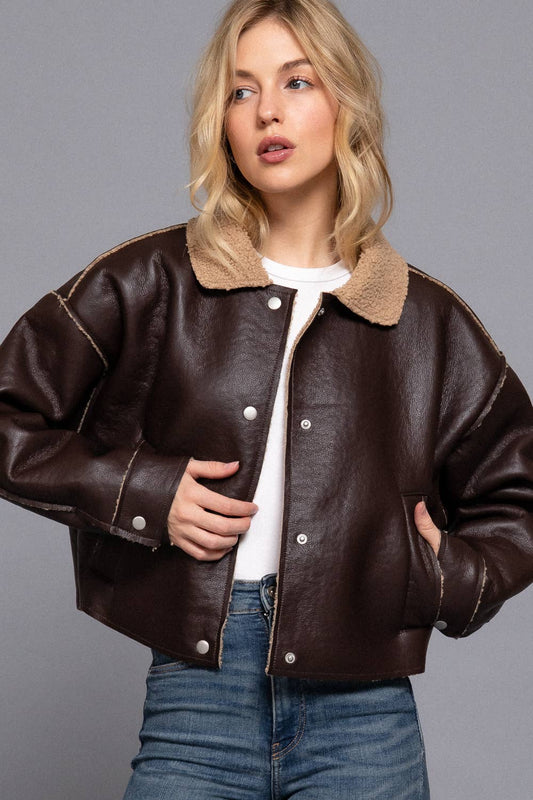 Long Sleeve Faux Leather Inner Fur Jacket: BRN-dark chocolate / L