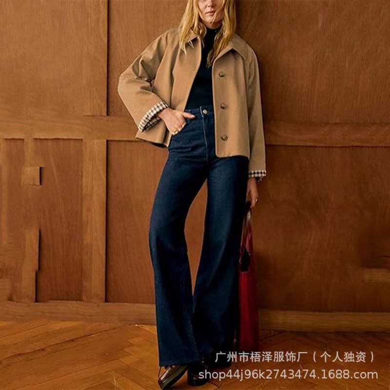 Women's Cropped Trench Jacket Lapel Button Front: Camel / M