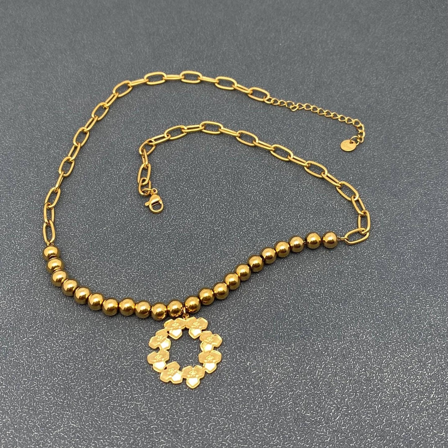 Blue Flower Ring Charm18K Gold Plated SS Necklace - FGS