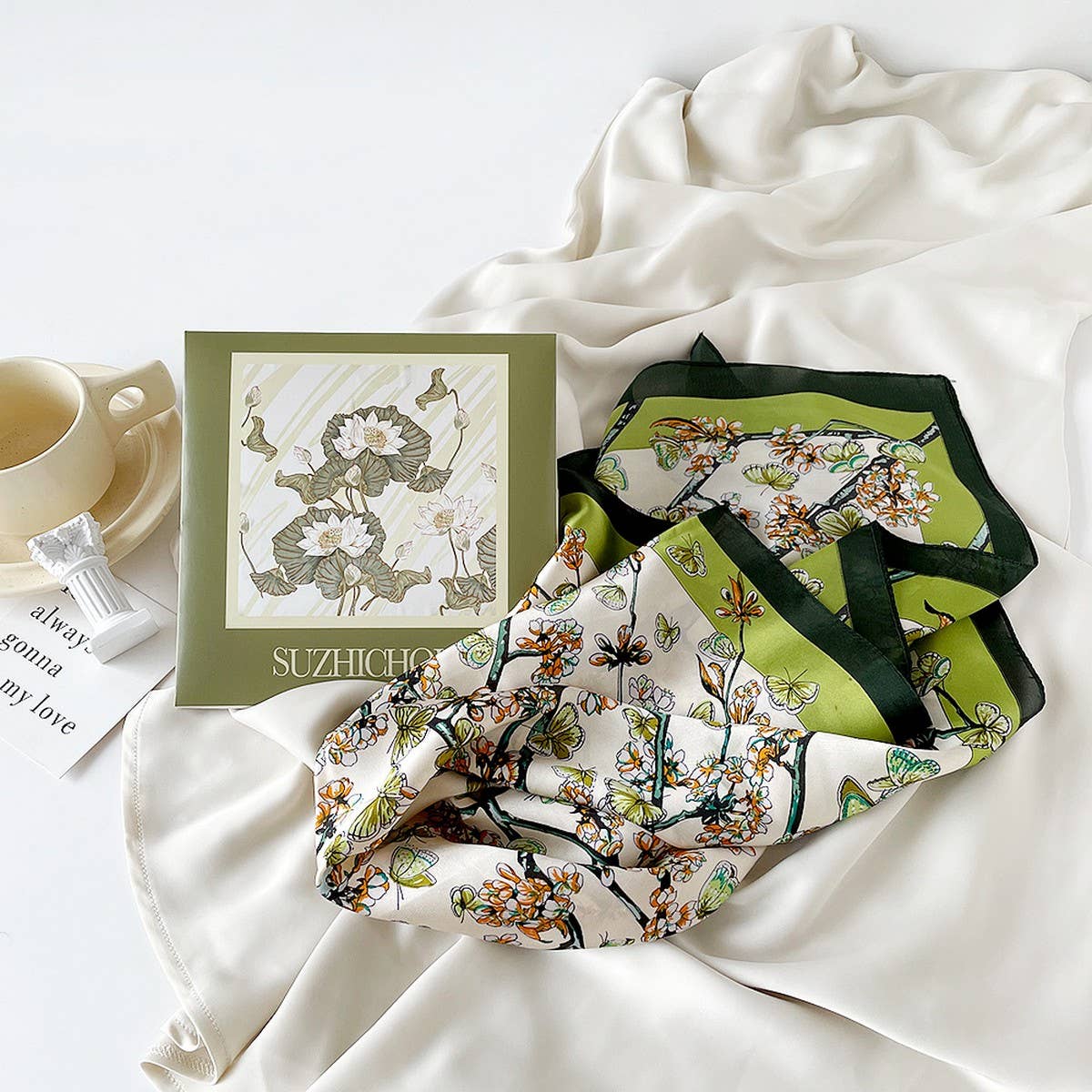 Mint Mambo Lotus Print Satin Scarf