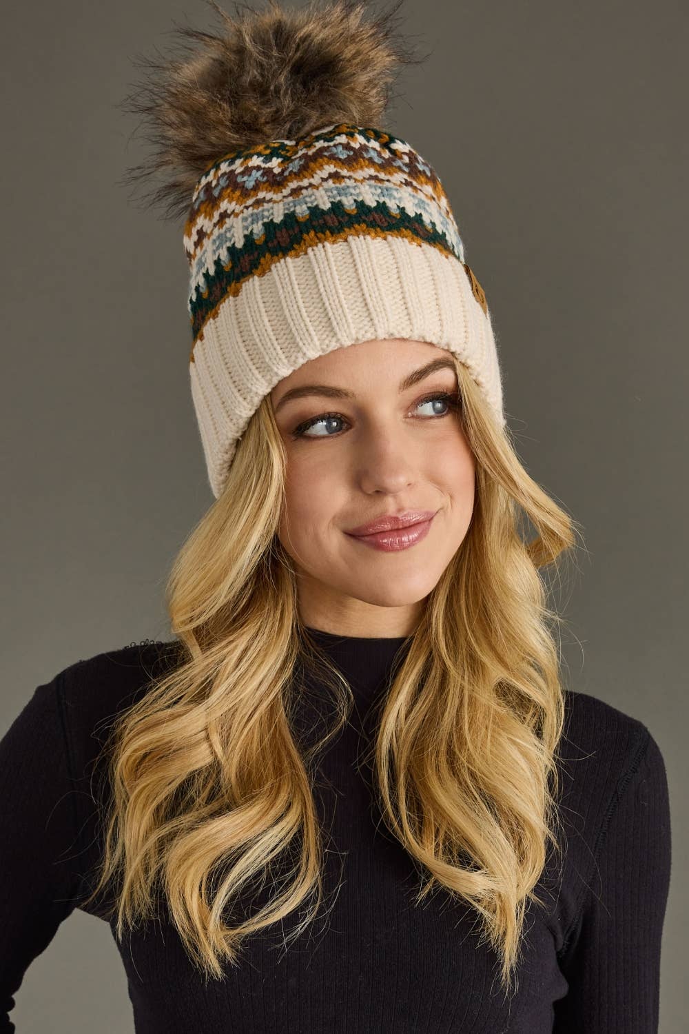 Cream & Multicolored Patterned Pom Hat