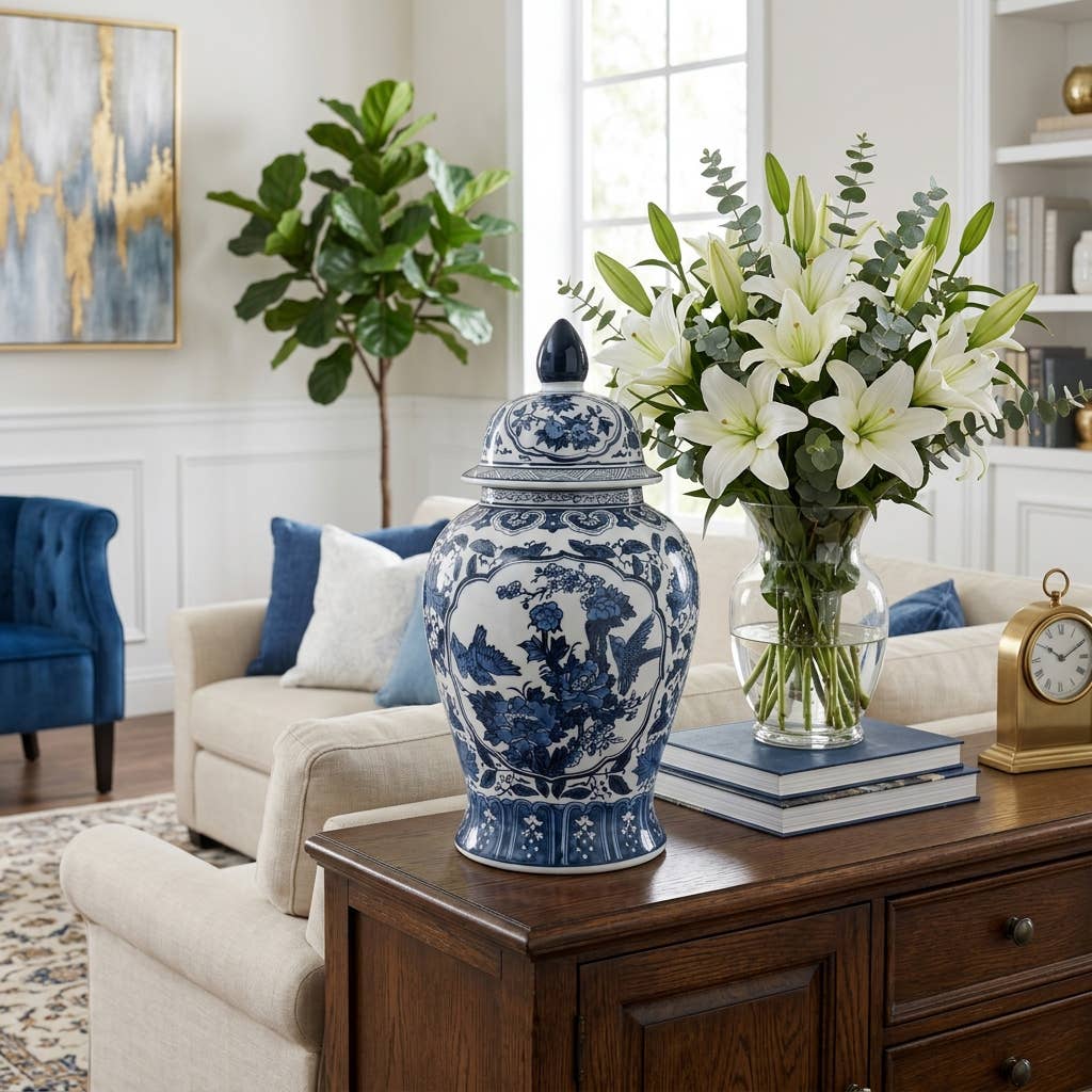 Large Blue & White Chinoiserie Lidded Jar-19 in