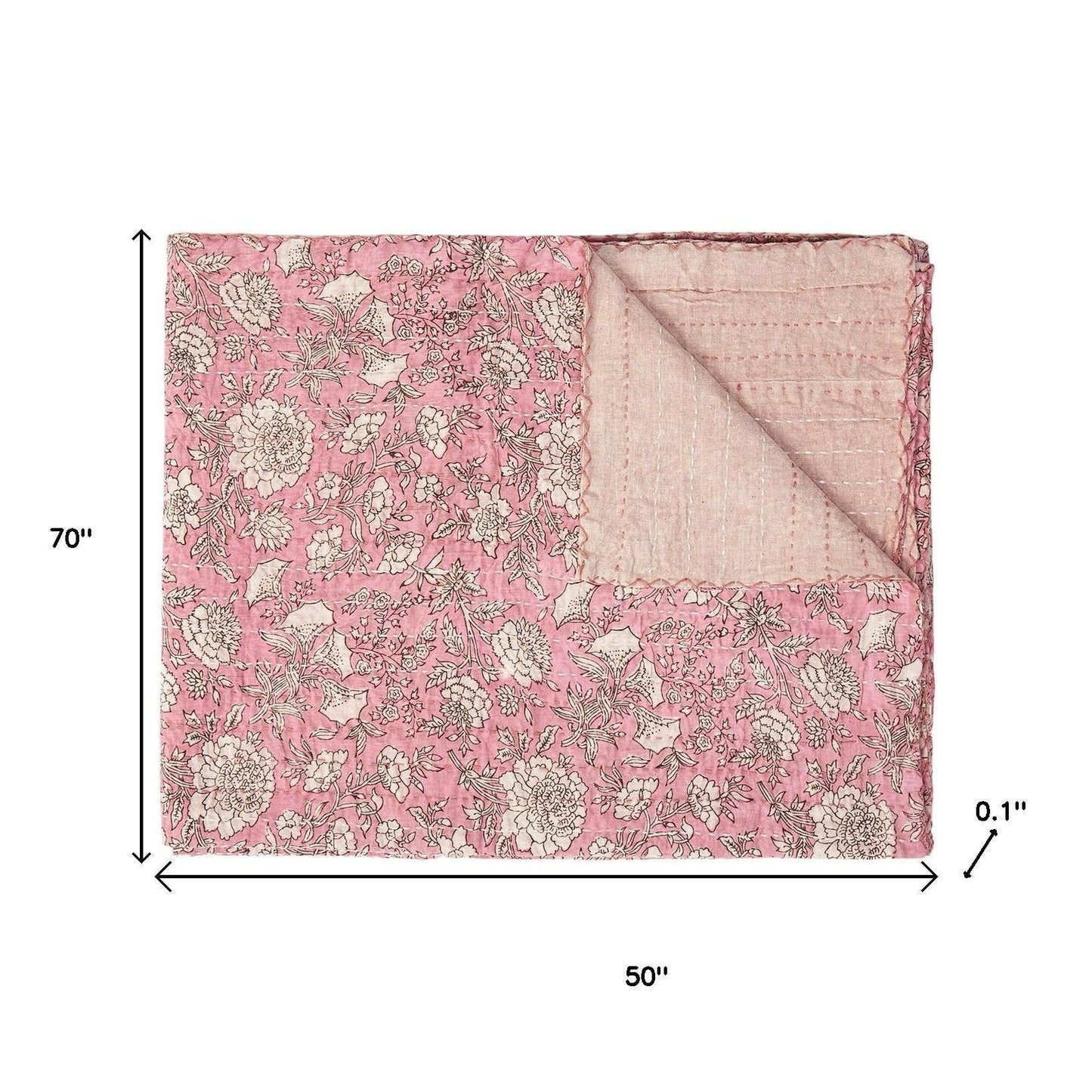 50" X  70" Pink And Blush Floral Cotton Quilted Kantha Throw Blanket with Embroidery: 50"x70"