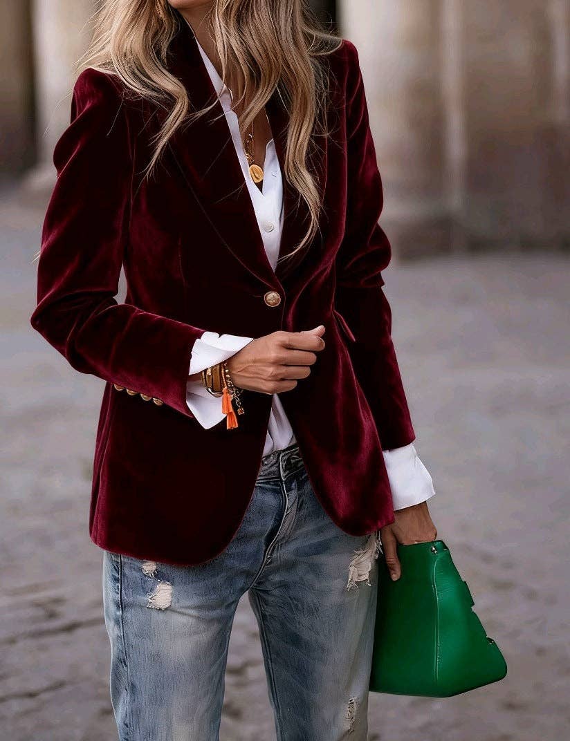 Women's Fitted Velvet Blazer Single Button Suit Jacket: Burgundy / XL