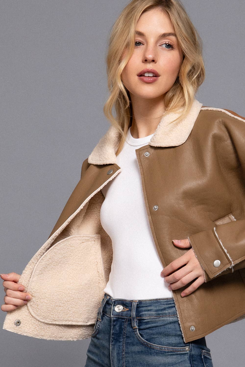 Long Sleeve Faux Leather Inner Fur Jacket: BRN-dark chocolate / L