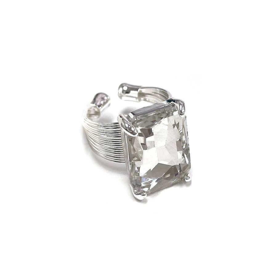 Square Glass Cushion Cut Cocktail Adjustable Wire Ring: GREEN-AB