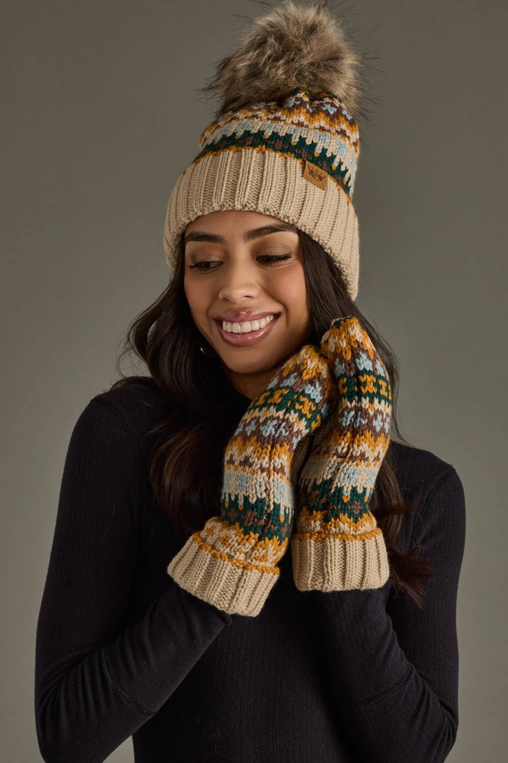 Taupe & Multicolored Patterned Pom Hat