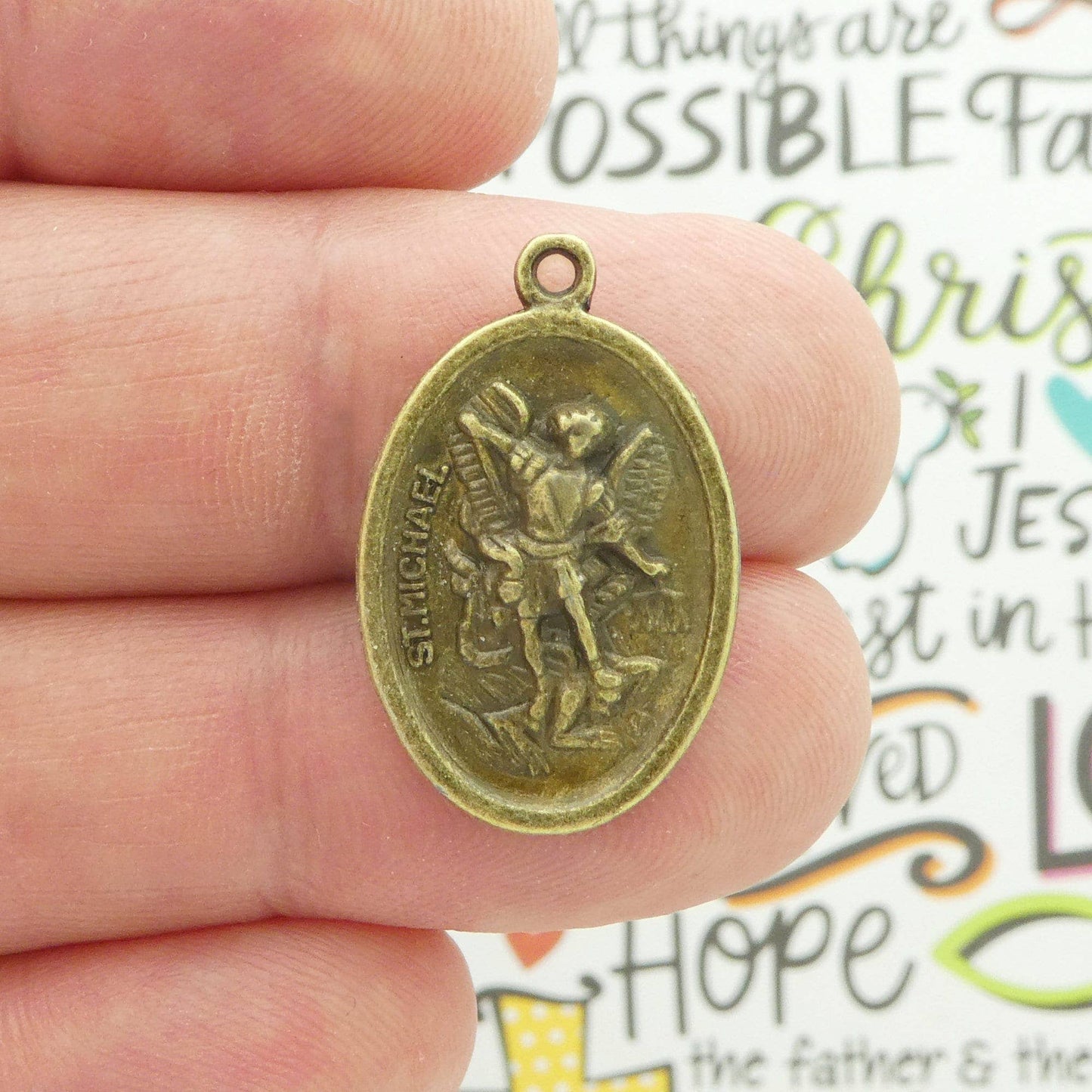 5 St Michael Charm with Guardian Angel Bronze 26x16mm by TIJC SP0709