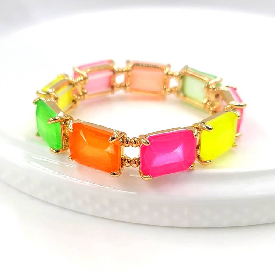 Rectangular Glass Crystal Linked Stretch Bracelet: Black Multi