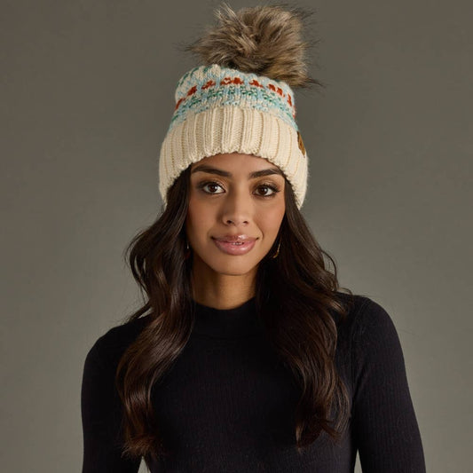 Ivory, Lt. Blue, Mint & Orange Patterned Pom Hat