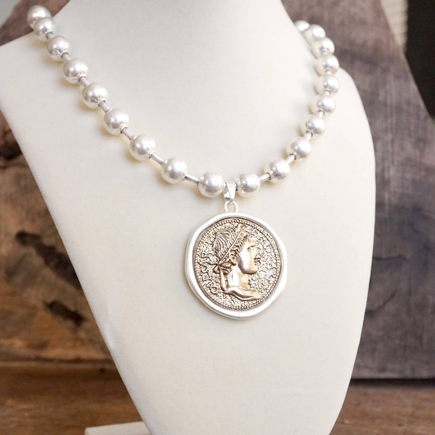 Coin Chunky Ball Chain Statement Necklace – Gold and Silver Tone: Silver