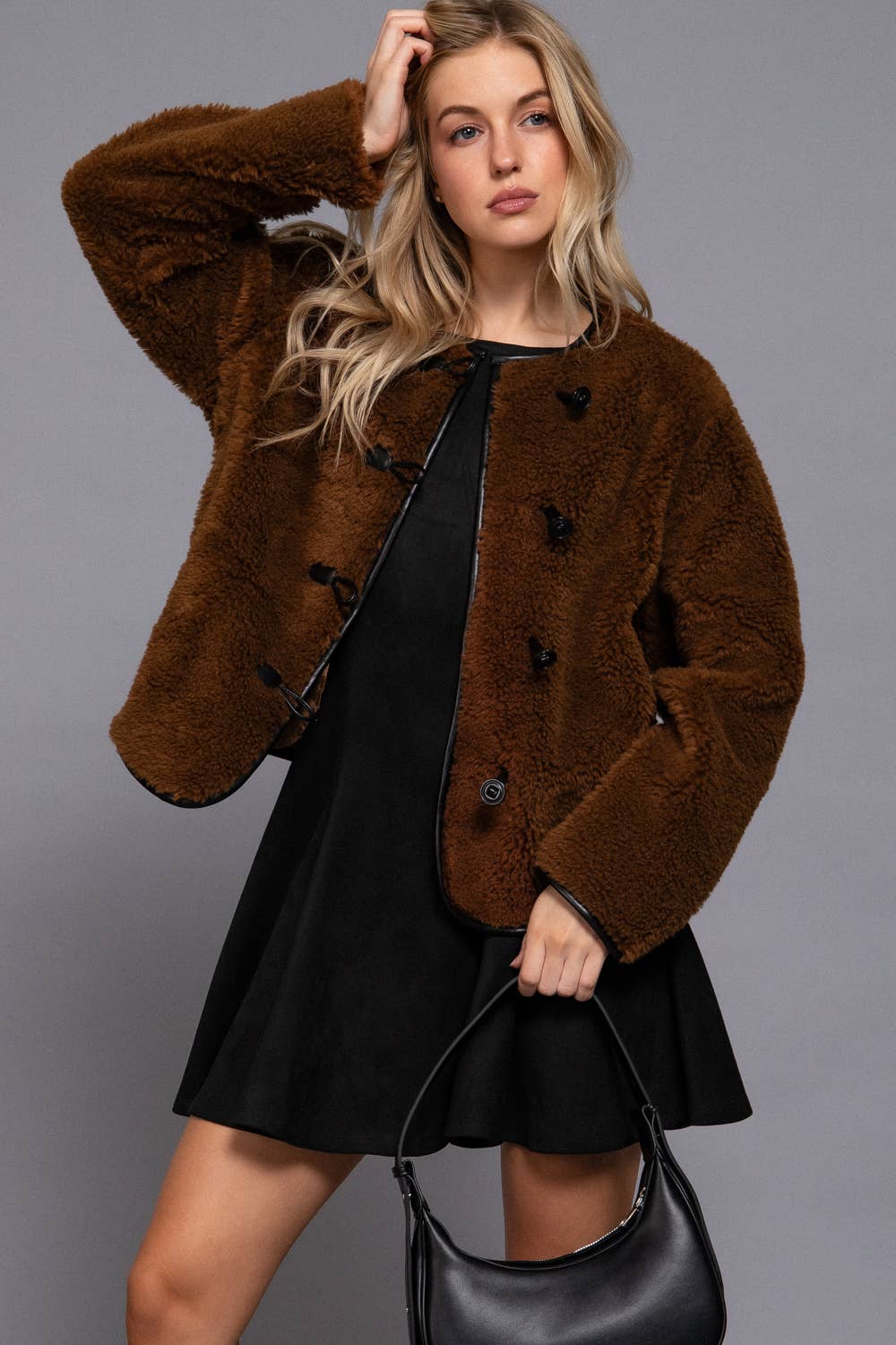 L-Long Sleeve Crew Neck with Toggle Look Button Fluffy Jacket: BRN-brown