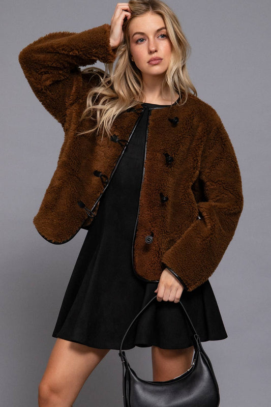 L-Long Sleeve Crew Neck with Toggle Look Button Fluffy Jacket: BRN-brown