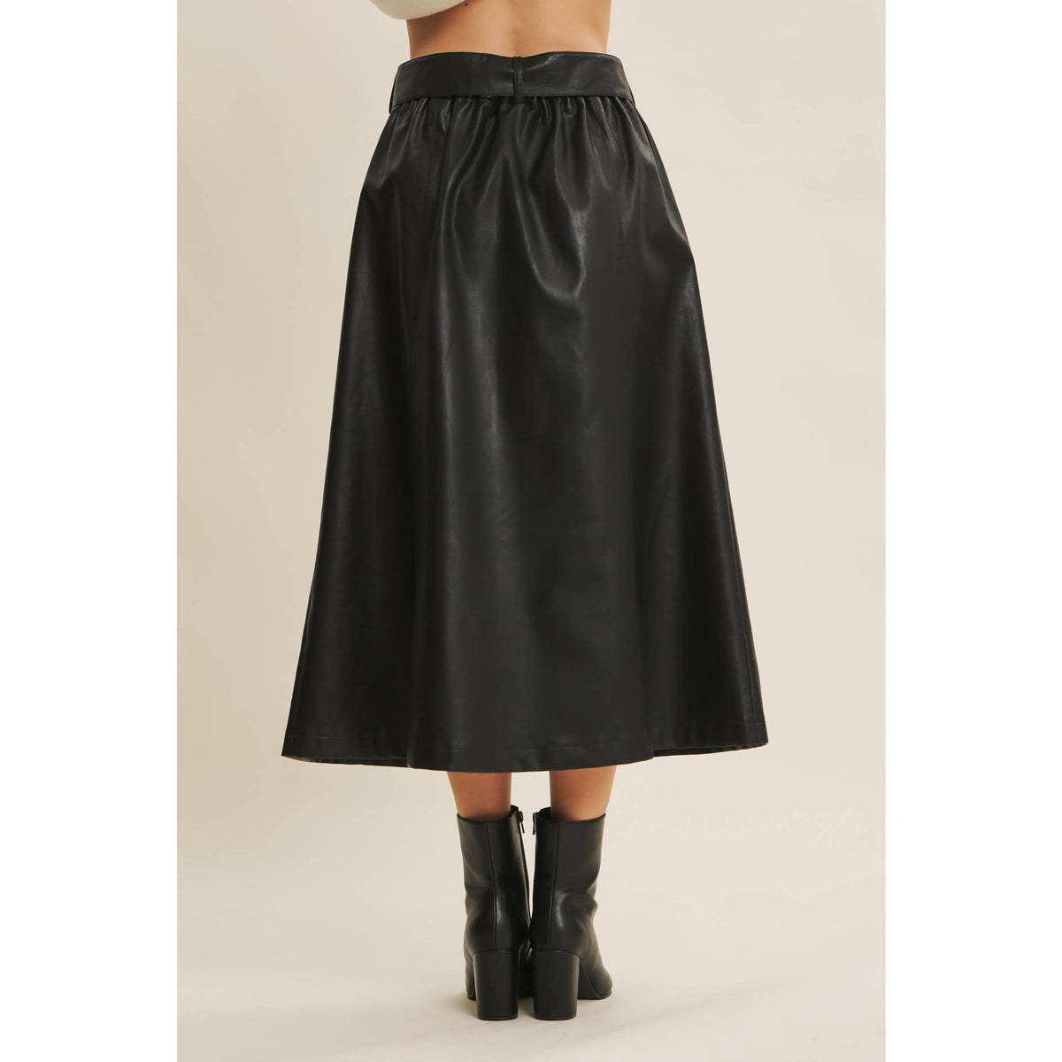 VEGAN LEATHER BELTED BUTTON-FRONT A-LINE MIDI SKIRT: BLACK / S