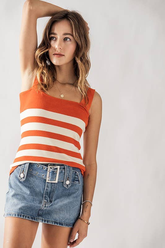 ORANGE/IVORY- STRIPED SQUARE NECK SLEEVELESS TOP: