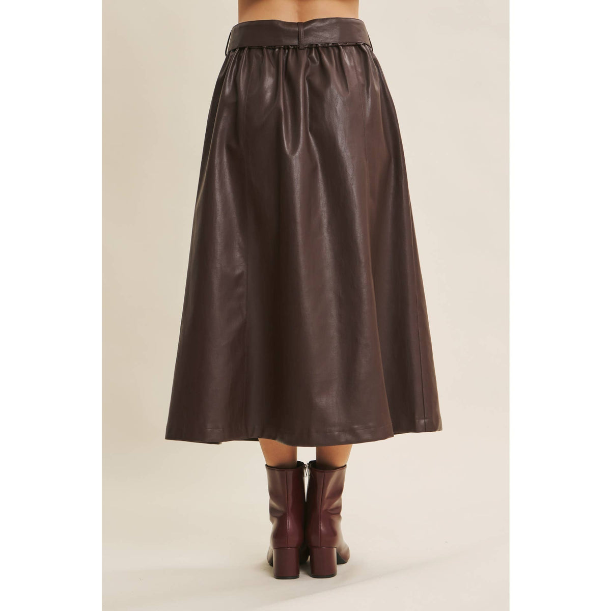 VEGAN LEATHER BELTED BUTTON-FRONT A-LINE MIDI SKIRT: BLACK / M