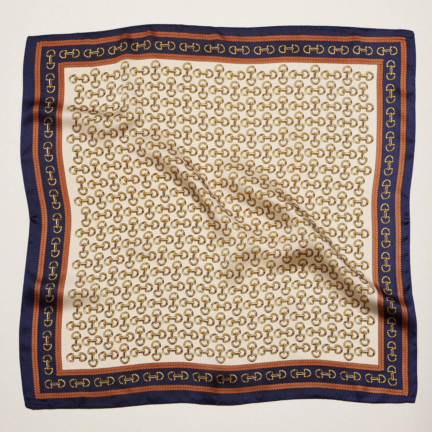 Classic Chain Print Square Scarf | Green & Navy Border Silk-Feel Fashion Scarf: BL / ONE