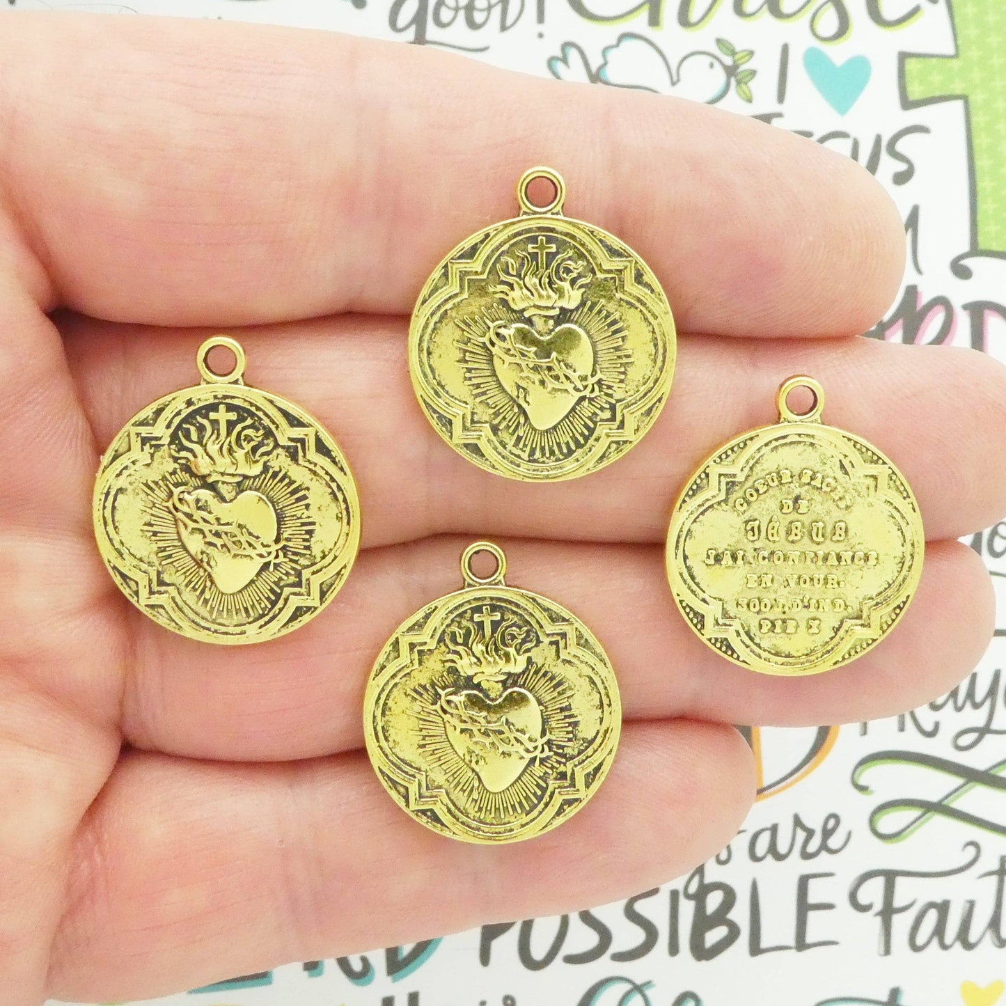 5 Gold Sacred Heart of Jesus Charm Pendant for Catholic Jewelry 25x21mm by TIJC SP1569