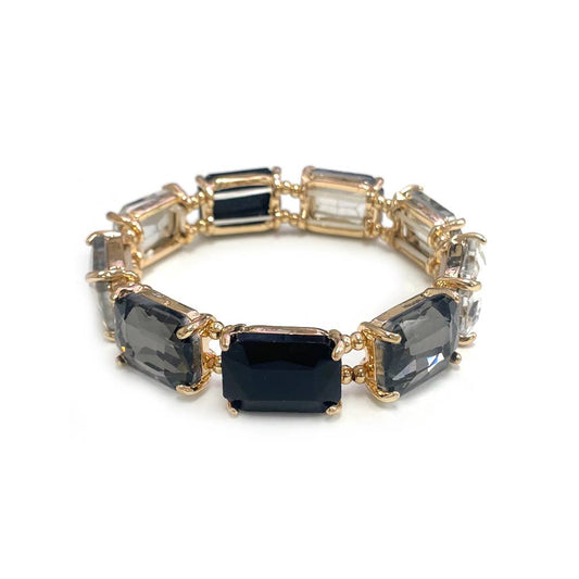 Rectangular Glass Crystal Linked Stretch Bracelet: Black Multi
