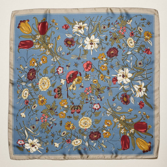 Vintage Botanical Floral Square Scarf | Elegant Garden Print Satin Neck & Hair Scarf: BL / ONE