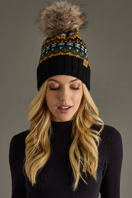 Black & Multicolored Patterned Pom Hat