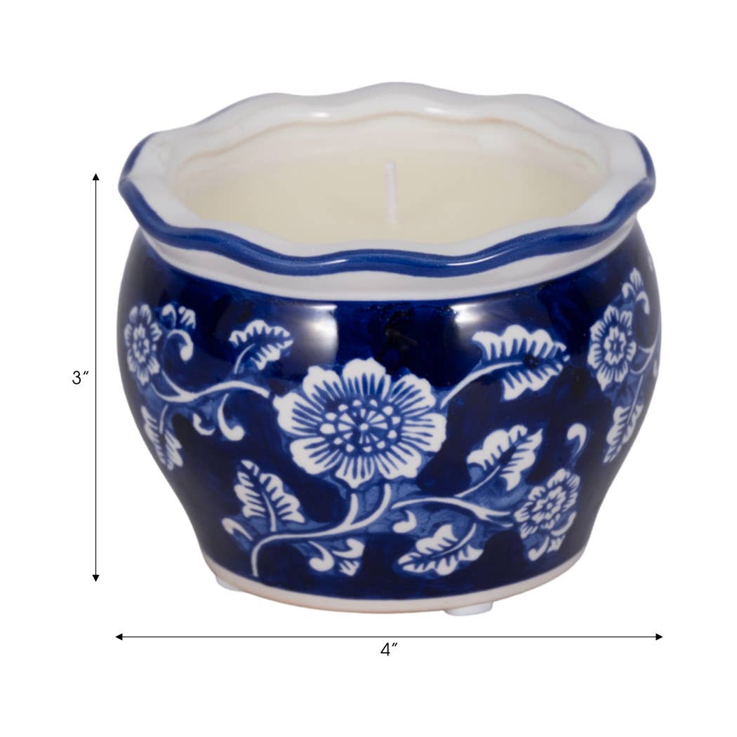 Candle - Blue/White Ceramic Chinoiserie Peony, 7 Oz