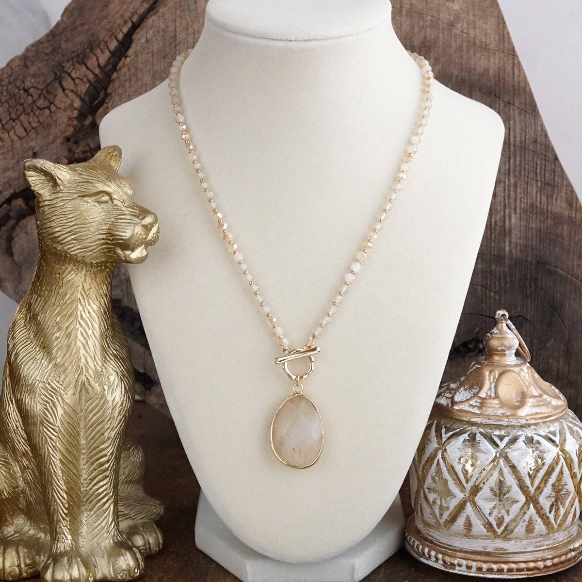 Short Beaded Necklace with Semi-Precious Teardrop Stone Pendant: Gray