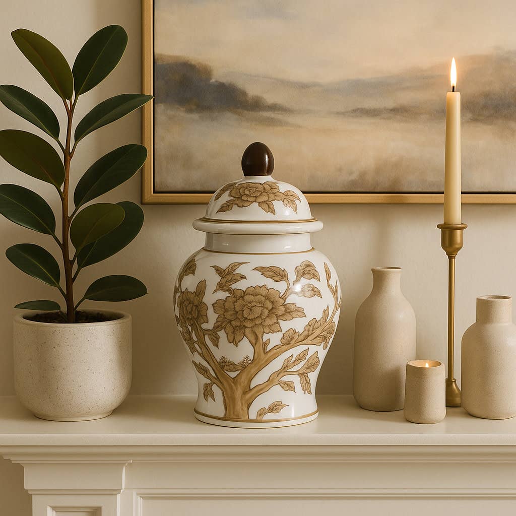Brown Chinoiserie Lidded Jar - 8"