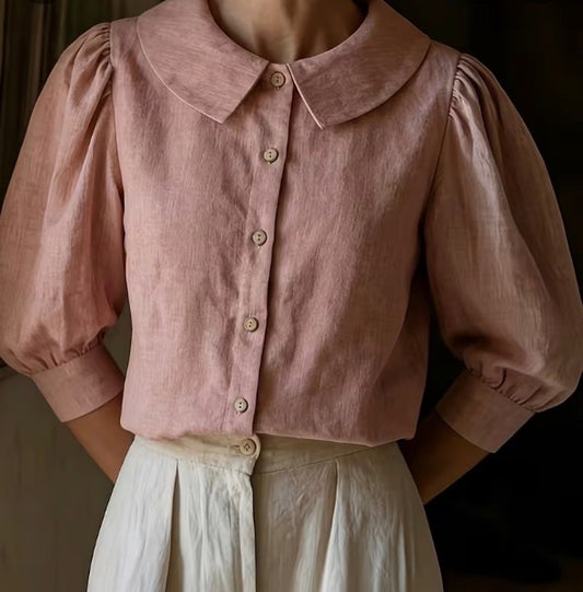 Rose Linen Puff Sleeve Blouse