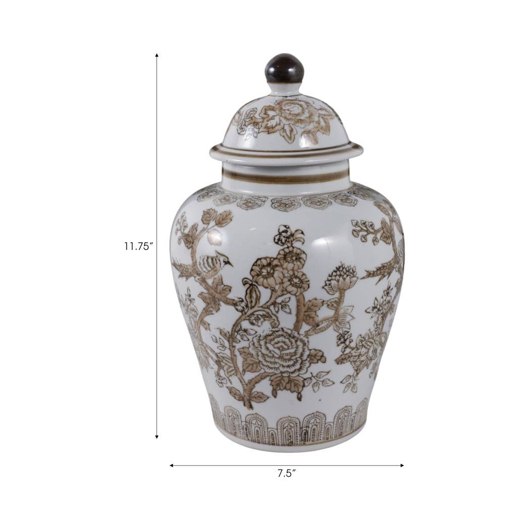 Decorative Jar - Brown/White Ceramic Chinoiserie Bird, 12 in