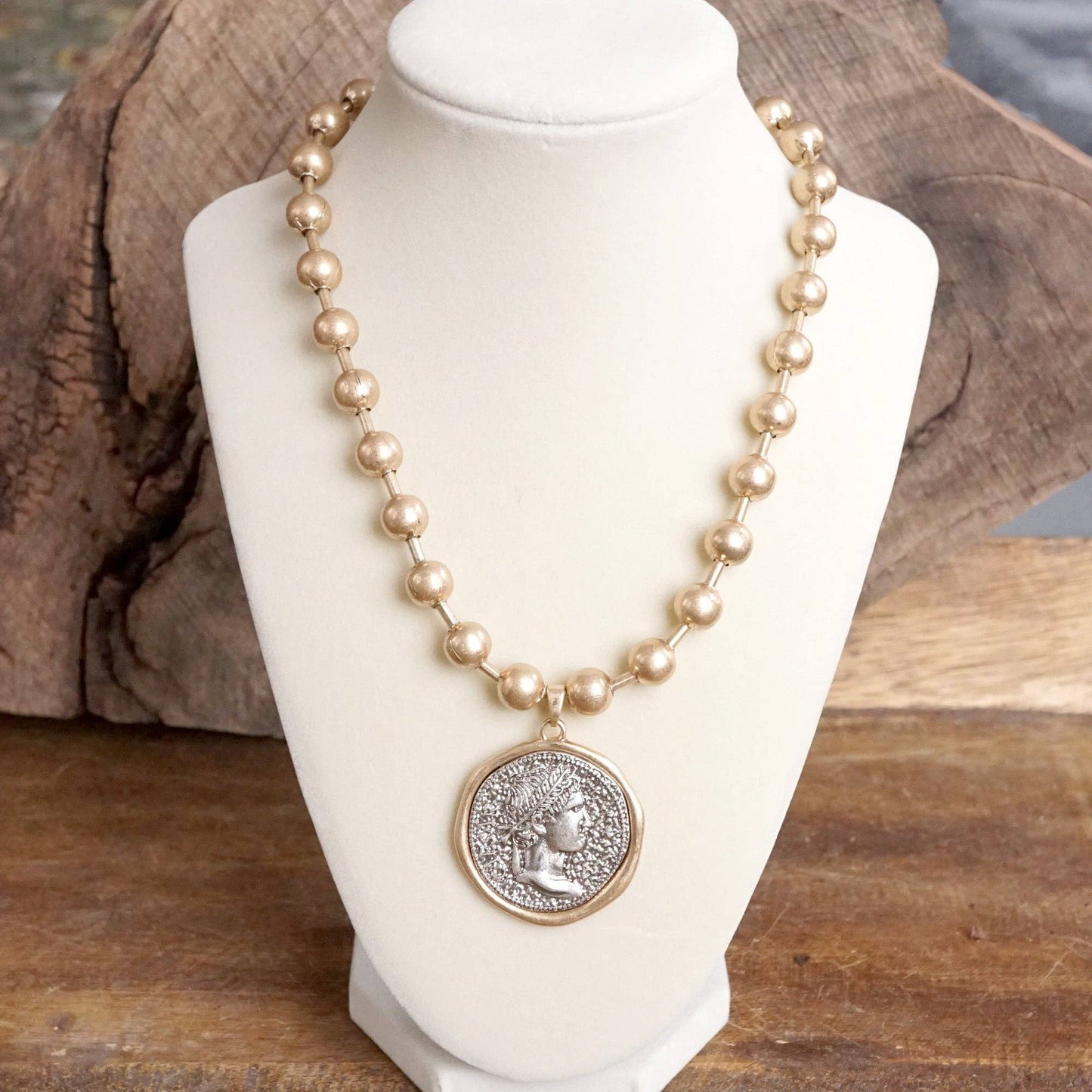 Coin Chunky Ball Chain Statement Necklace – Gold and Silver Tone: Silver
