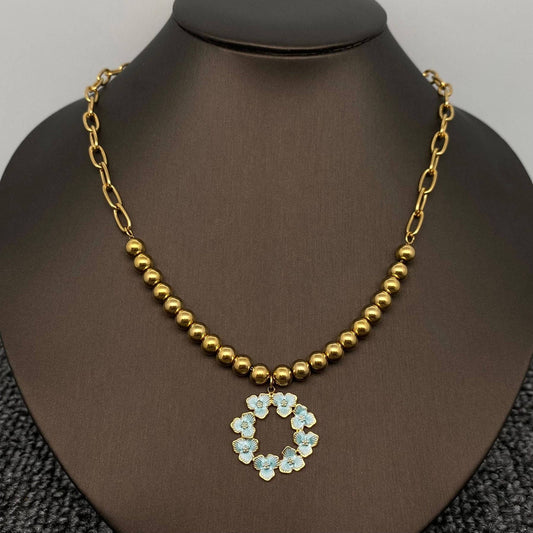 Blue Flower Ring Charm18K Gold Plated SS Necklace - FGS