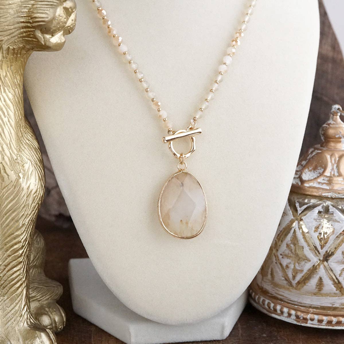 Short Beaded Necklace with Semi-Precious Teardrop Stone Pendant: Neutrals