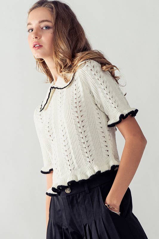 OFF WHITE:CROCHET KNIT SHORT SLEEVE TOP