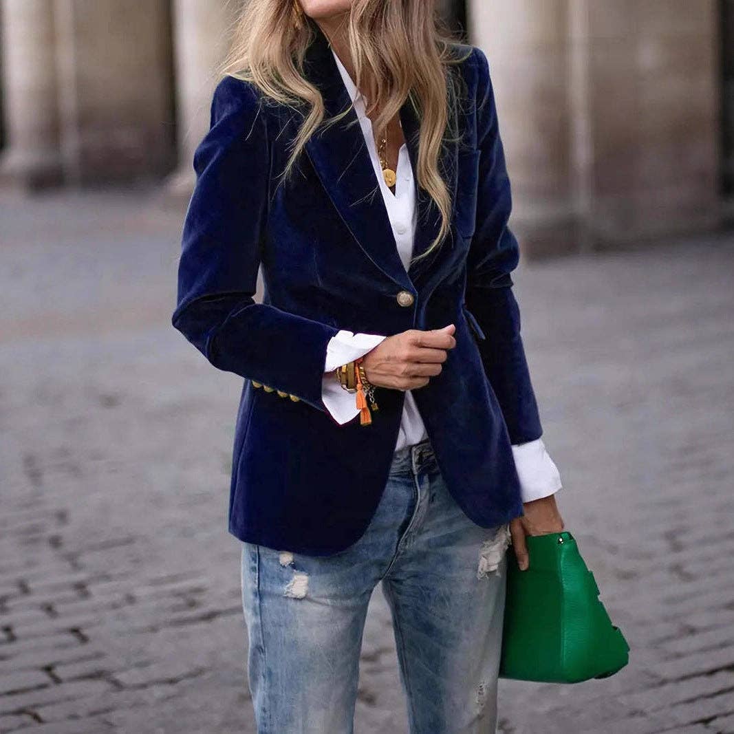Women's Velvet Blazer One Button Elegant Office Jacket: Army Green / M