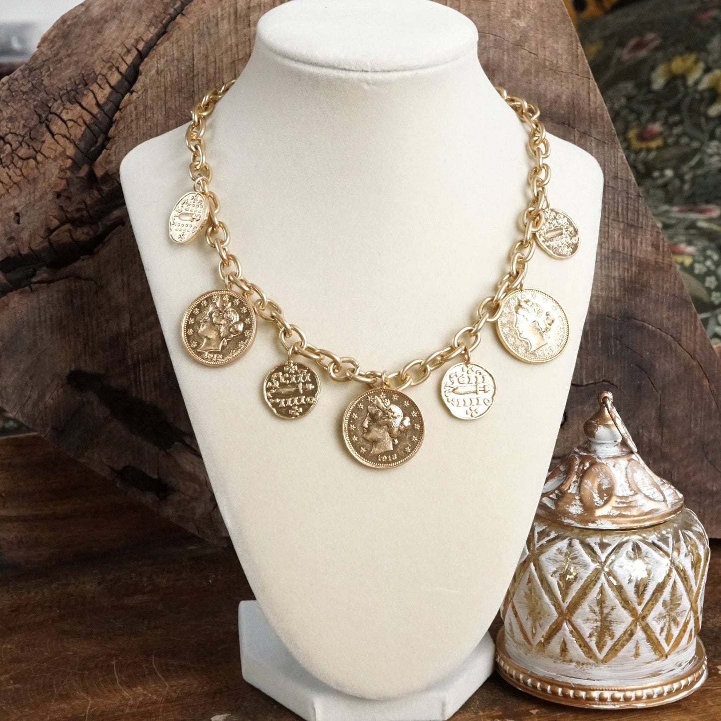 Boho Coin Charms Statement Necklace – Gold Tone